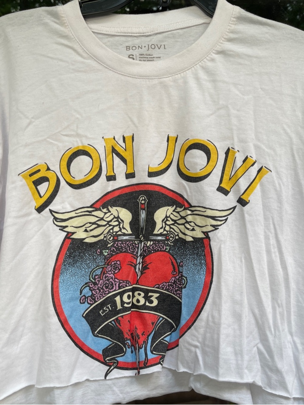 Bon Jovi White Graphic Cropped Band Tee  with Yellow & Red Logo